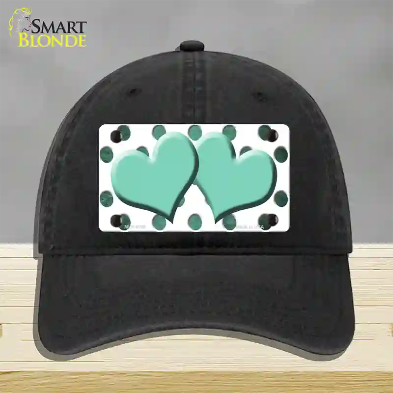 Mint White Dots Hearts Oil Rubbed Novelty License Plate Hat Unconstructed Cotton / Black