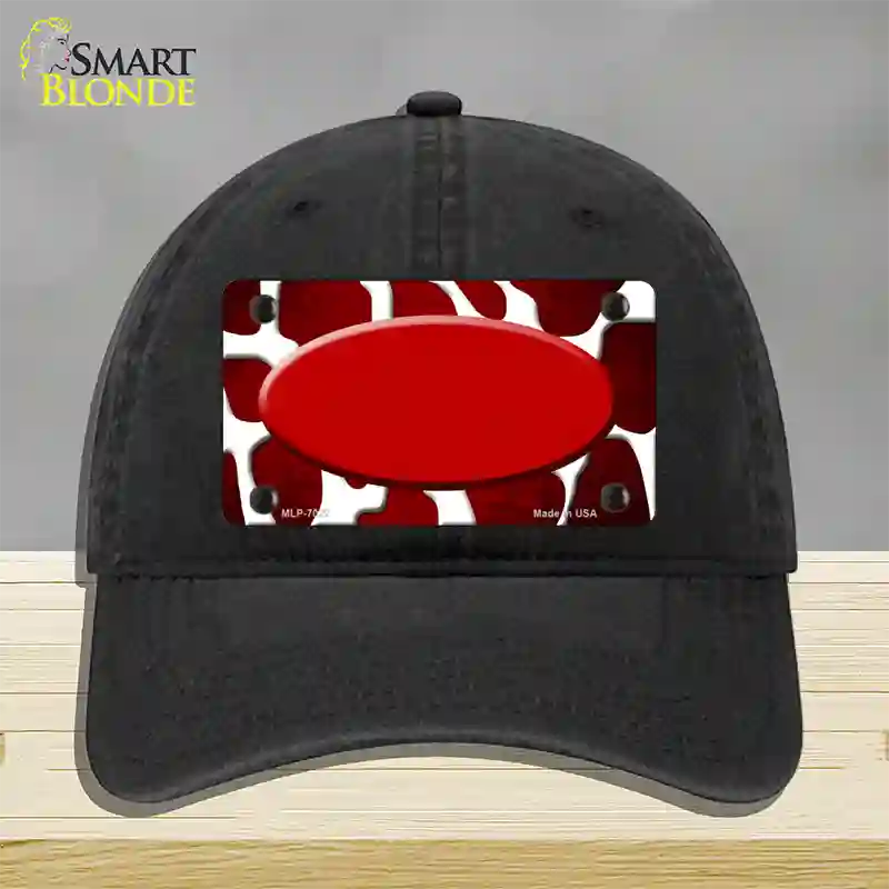 Red White Oval Giraffe Oil Rubbed Novelty License Plate Hat Unconstructed Cotton / Black