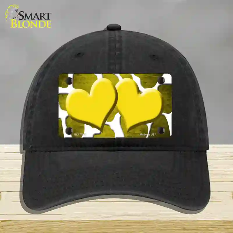 Yellow White Hearts Giraffe Oil Rubbed Novelty License Plate Hat Unconstructed Cotton / Black