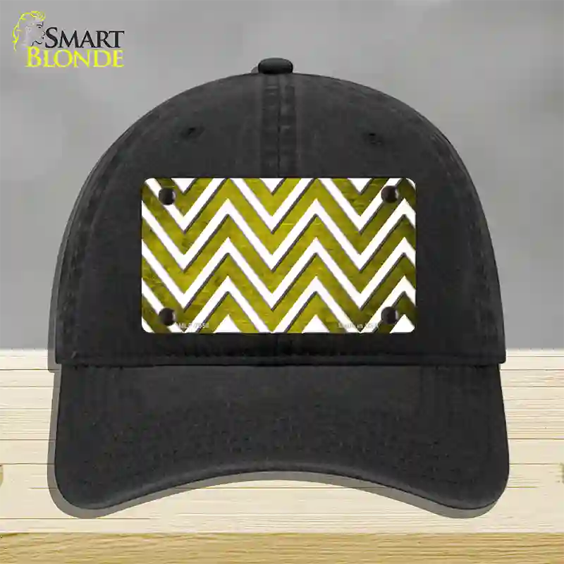 Yellow White Chevron Oil Rubbed Novelty License Plate Hat Unconstructed Cotton / Black