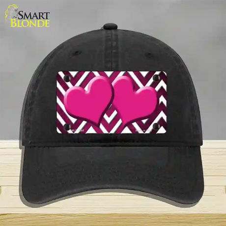 Pink White Hearts Chevron Oil Rubbed Novelty License Plate Hat Unconstructed Cotton / Black