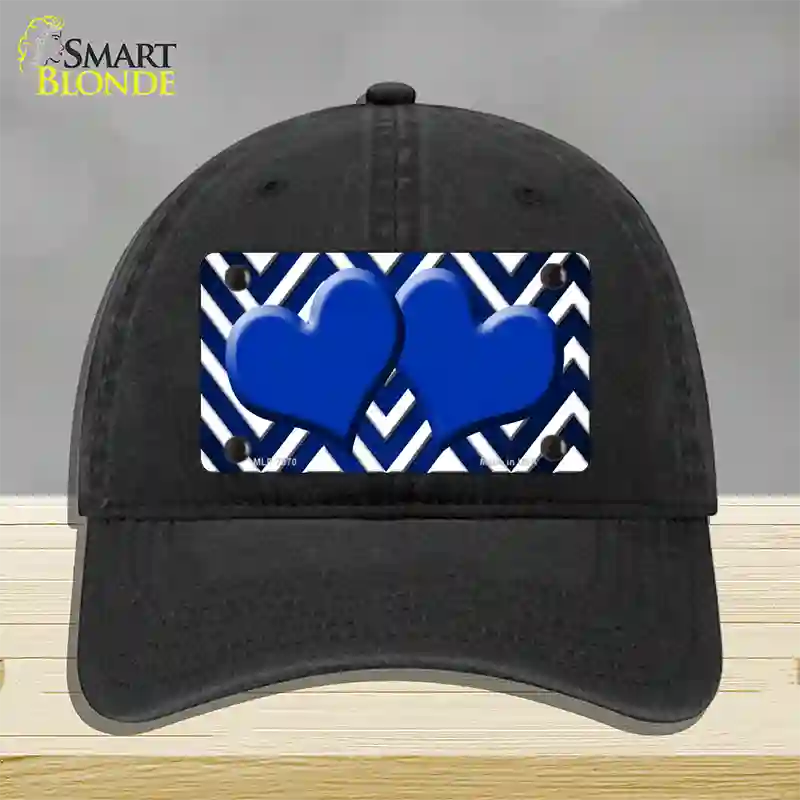 Blue White Hearts Chevron Oil Rubbed Novelty License Plate Hat Unconstructed Cotton / Black