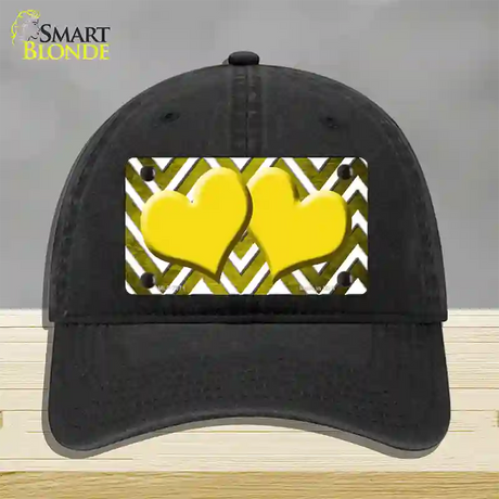 Yellow White Hearts Chevron Oil Rubbed Novelty License Plate Hat Unconstructed Cotton / Black