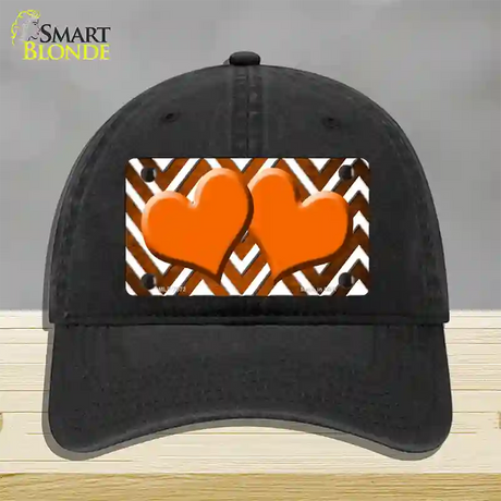 Orange White Hearts Chevron Oil Rubbed Novelty License Plate Hat Unconstructed Cotton / Black