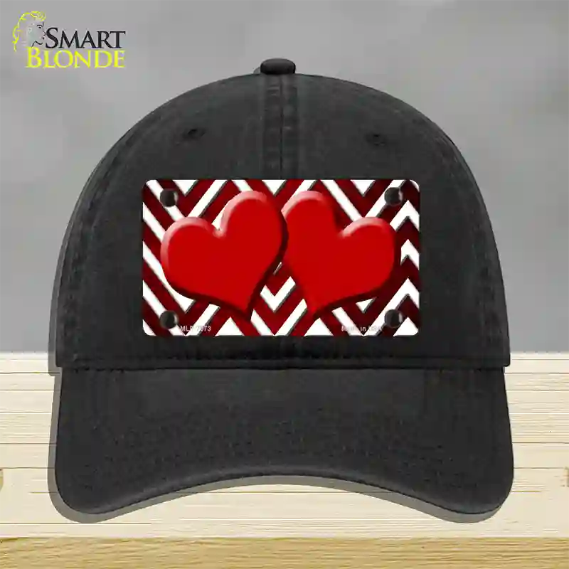 Red White Hearts Chevron Oil Rubbed Novelty License Plate Hat Unconstructed Cotton / Black