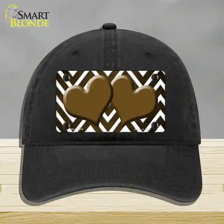 Brown White Hearts Chevron Oil Rubbed Novelty License Plate Hat Unconstructed Cotton / Black