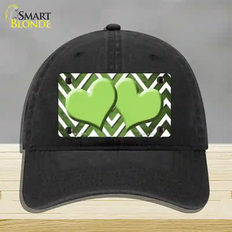 Lime Green White Hearts Chevron Oil Rubbed Novelty License Plate Hat Unconstructed Cotton / Black