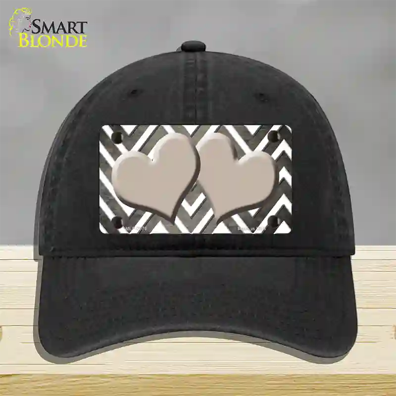 Tan White Hearts Chevron Oil Rubbed Novelty License Plate Hat Unconstructed Cotton / Black