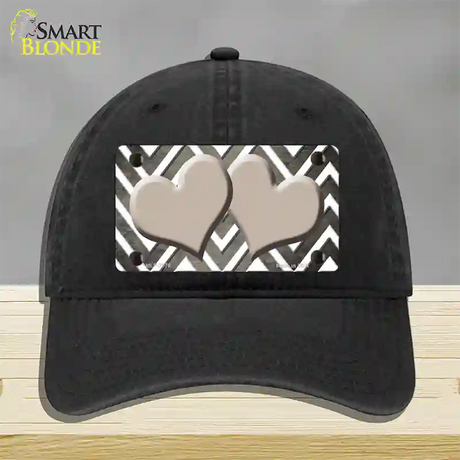 Tan White Hearts Chevron Oil Rubbed Novelty License Plate Hat Unconstructed Cotton / Black