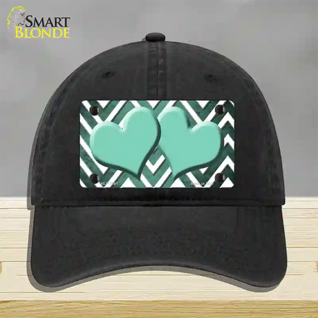 Mint White Hearts Chevron Oil Rubbed Novelty License Plate Hat Unconstructed Cotton / Black