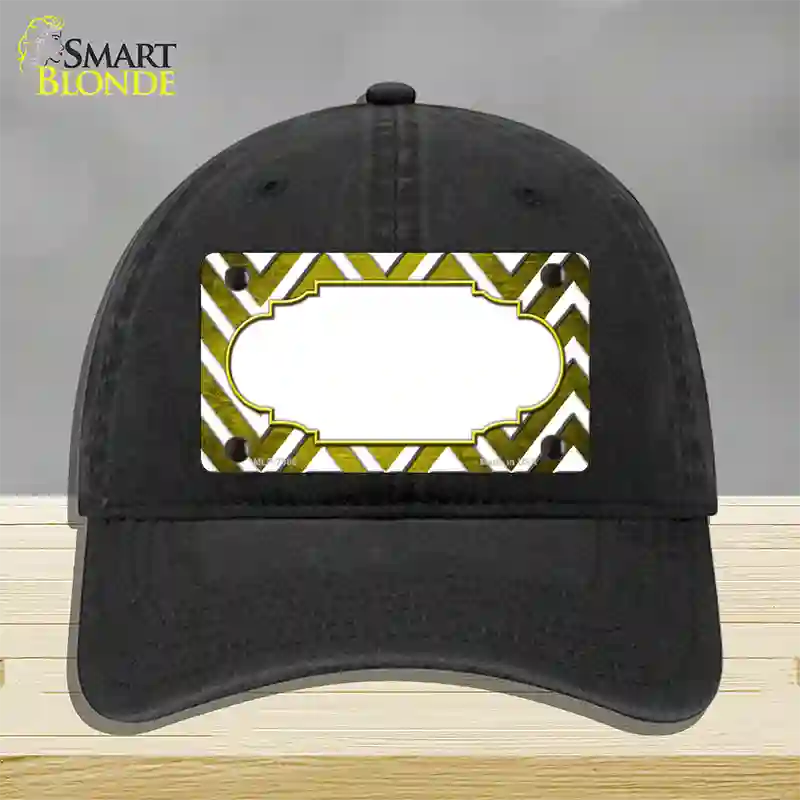 Yellow White Chevron Scallop Oil Rubbed Novelty License Plate Hat Unconstructed Cotton / Black