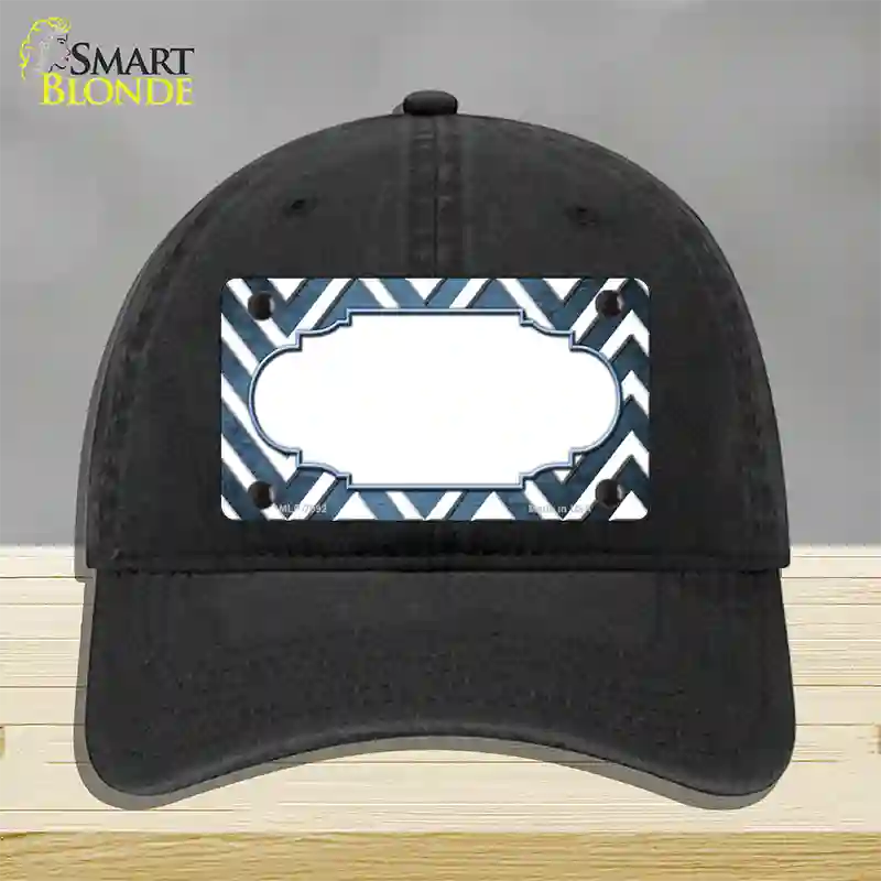 Light Blue White Chevron Scallop Oil Rubbed Novelty License Plate Hat Unconstructed Cotton / Black