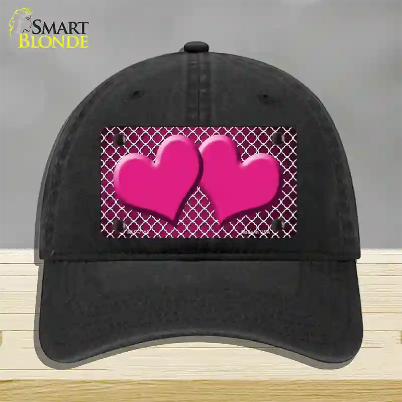 Pink White Quatrefoil Hearts Oil Rubbed Novelty License Plate Hat Unconstructed Cotton / Black