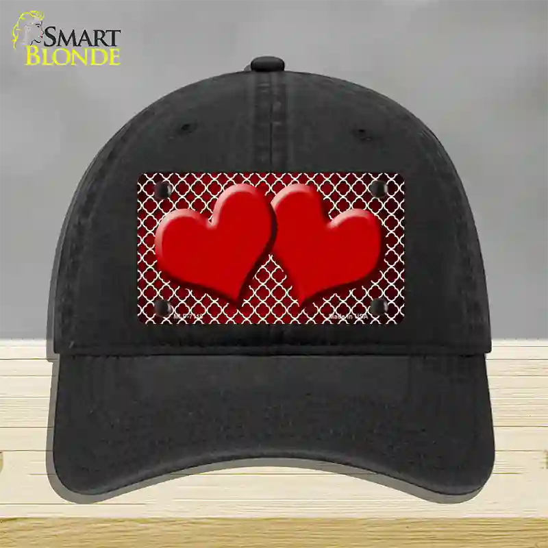 Red White Quatrefoil Hearts Oil Rubbed Novelty License Plate Hat Unconstructed Cotton / Black