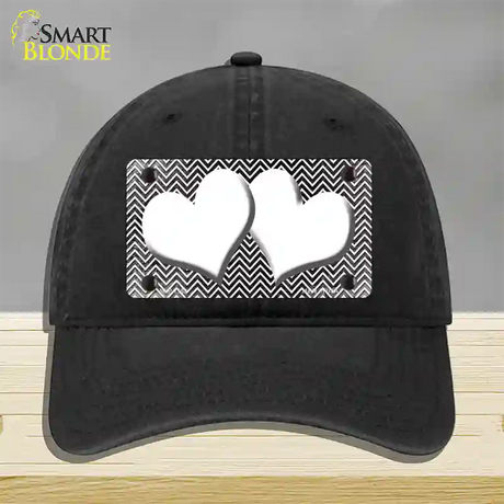 Black White Small Chevron Hearts Oil Rubbed Novelty License Plate Hat Unconstructed Cotton / Black