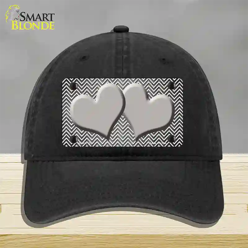 Gray White Small Chevron Hearts Oil Rubbed Novelty License Plate Hat Unconstructed Cotton / Black