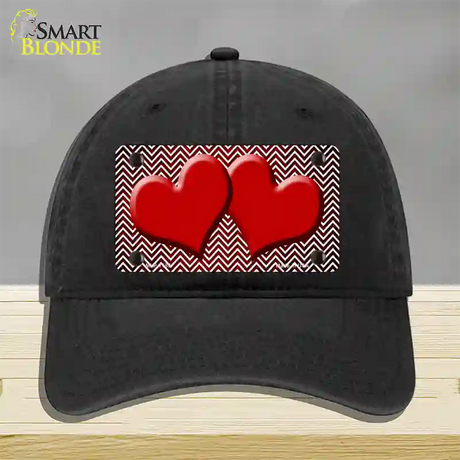 Red White Small Chevron Hearts Oil Rubbed Novelty License Plate Hat Unconstructed Cotton / Black