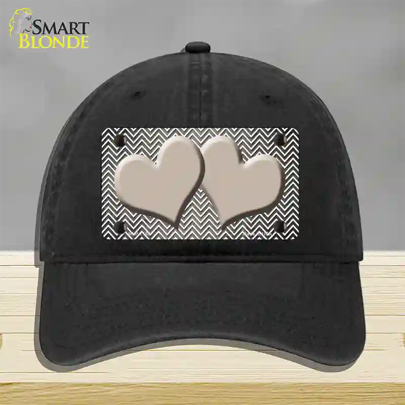 Tan White Small Chevron Hearts Oil Rubbed Novelty License Plate Hat Unconstructed Cotton / Black