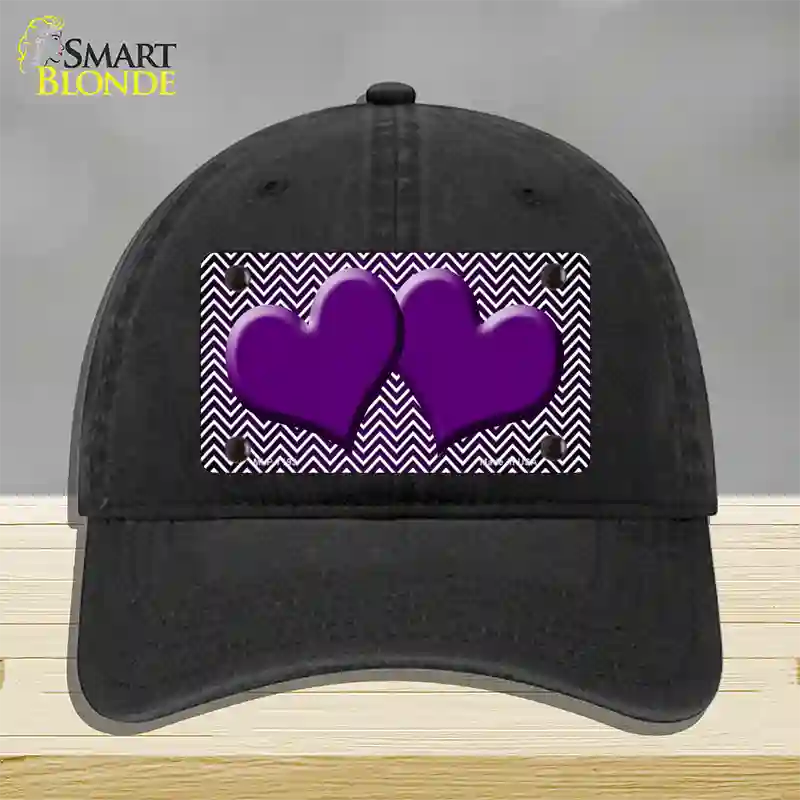 Purple White Small Chevron Hearts Oil Rubbed Novelty License Plate Hat Unconstructed Cotton / Black