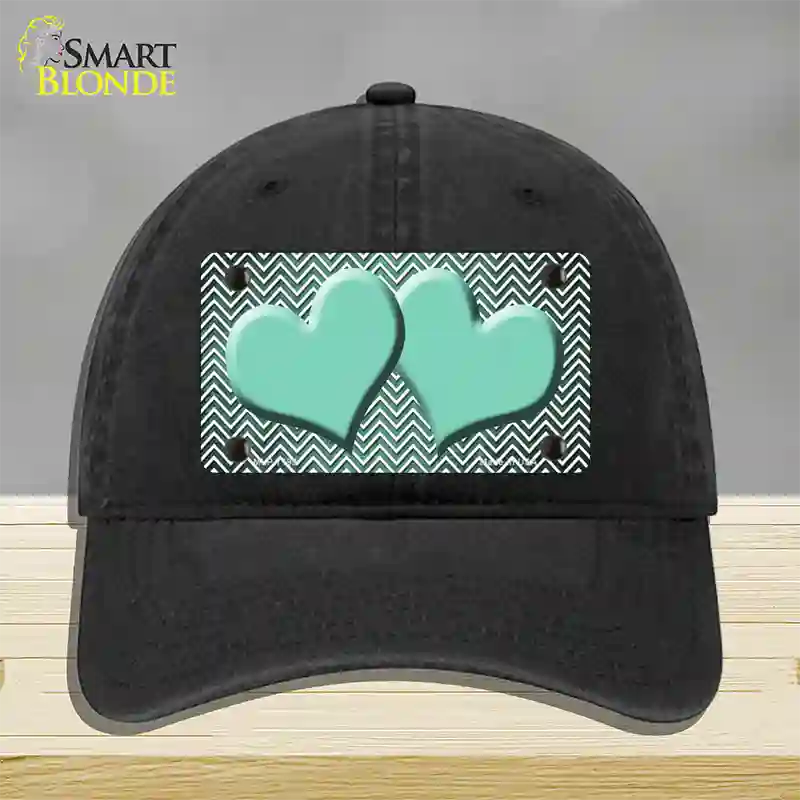 Mint White Small Chevron Hearts Oil Rubbed Novelty License Plate Hat Unconstructed Cotton / Black