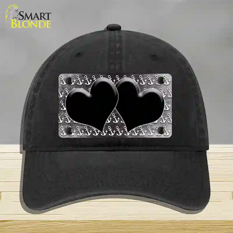 Black White Anchor Hearts Oil Rubbed Novelty License Plate Hat Unconstructed Cotton / Black