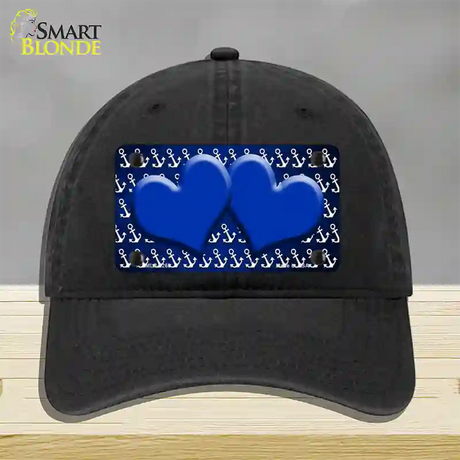 Blue White Anchor Hearts Oil Rubbed Novelty License Plate Hat Unconstructed Cotton / Black