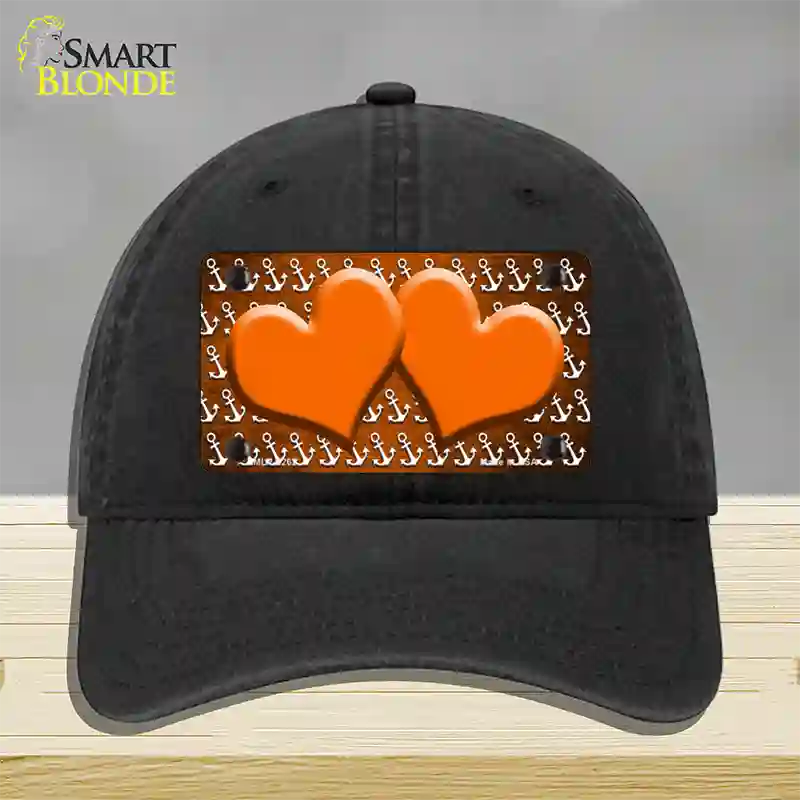 Orange White Anchor Hearts Oil Rubbed Novelty License Plate Hat Unconstructed Cotton / Black