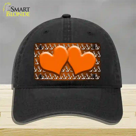 Orange White Anchor Hearts Oil Rubbed Novelty License Plate Hat Unconstructed Cotton / Black