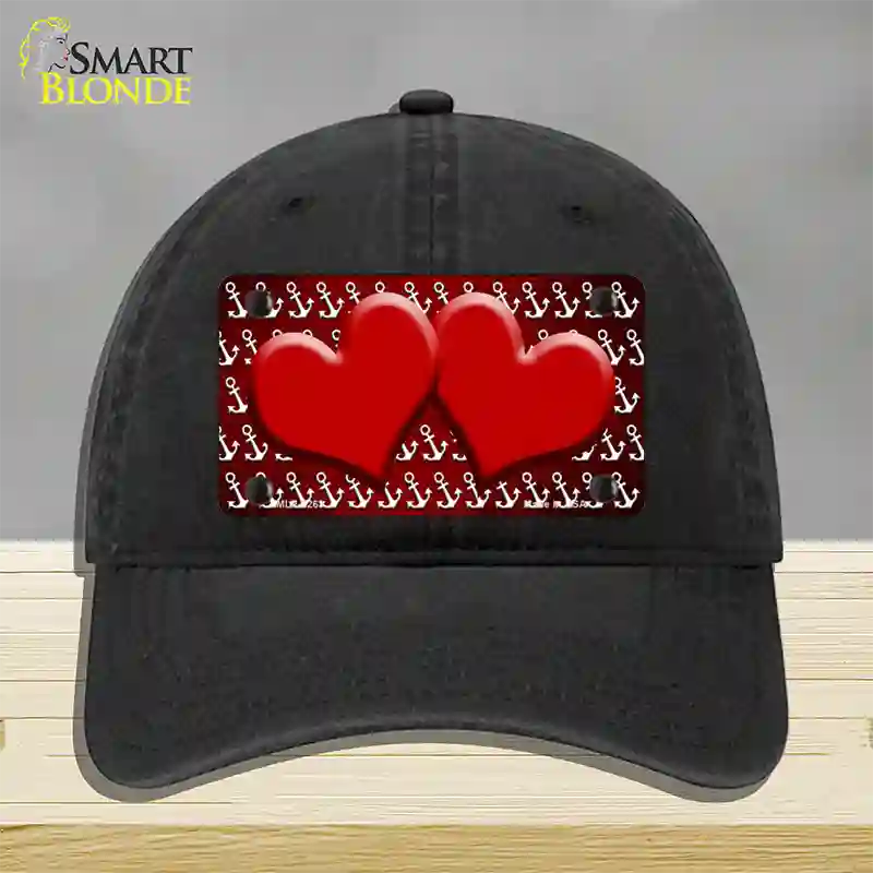 Red White Anchor Hearts Oil Rubbed Novelty License Plate Hat Unconstructed Cotton / Black