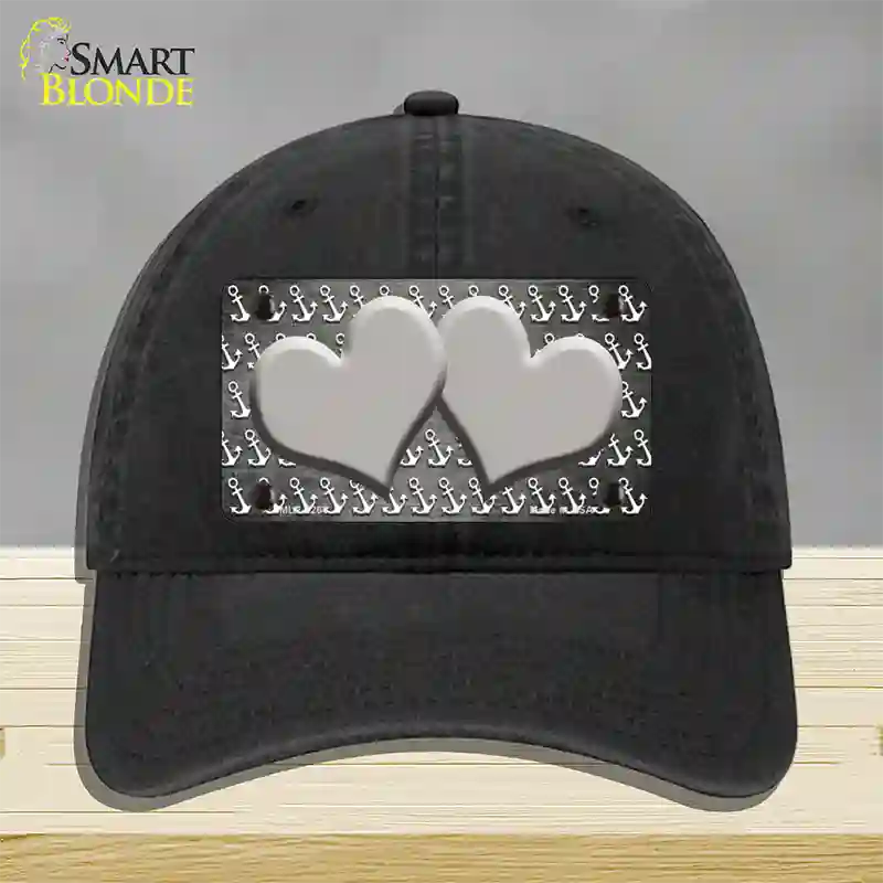 Gray White Anchor Hearts Oil Rubbed Novelty License Plate Hat Unconstructed Cotton / Black