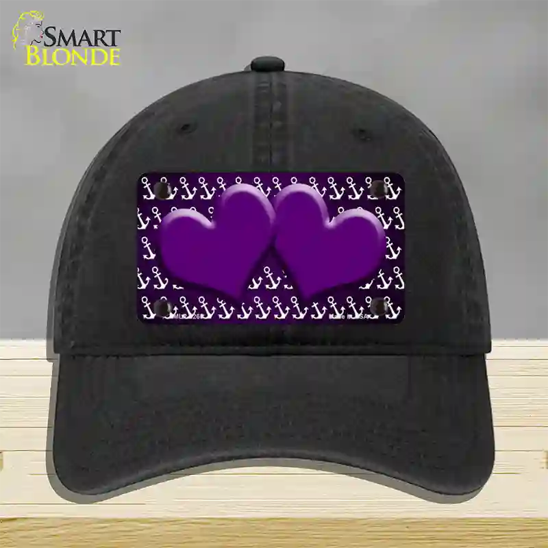 Purple White Anchor Hearts Oil Rubbed Novelty License Plate Hat Unconstructed Cotton / Black