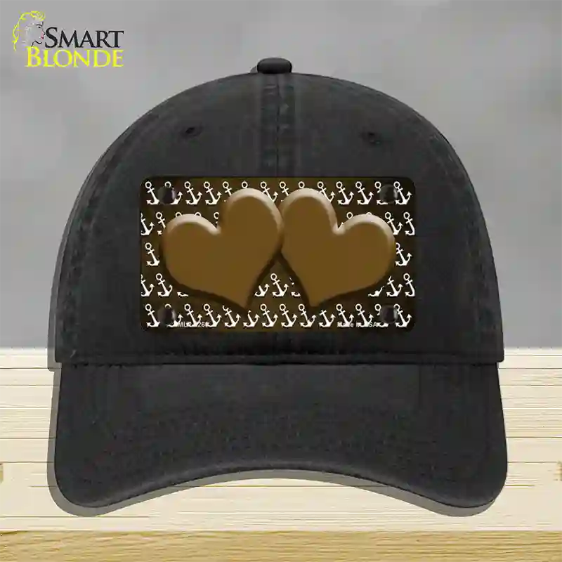 Brown White Anchor Hearts Oil Rubbed Novelty License Plate Hat Unconstructed Cotton / Black