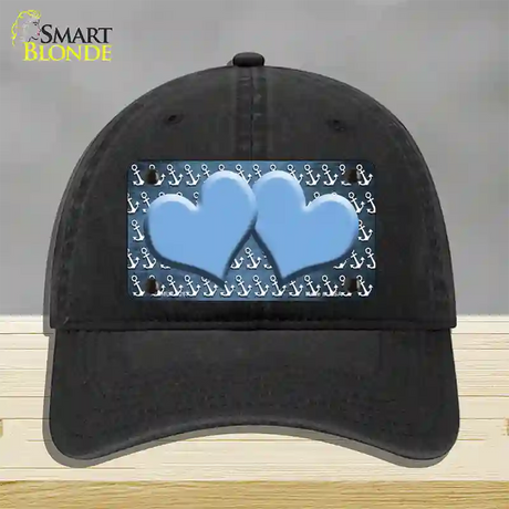 Light Blue White Anchor Hearts Oil Rubbed Novelty License Plate Hat Unconstructed Cotton / Black