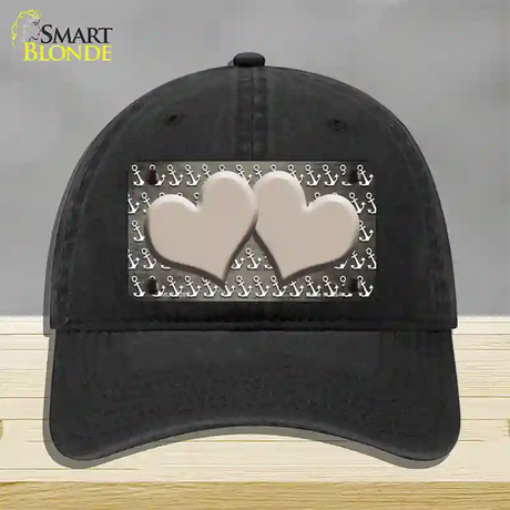 Tan White Anchor Hearts Oil Rubbed Novelty License Plate Hat Unconstructed Cotton / Black