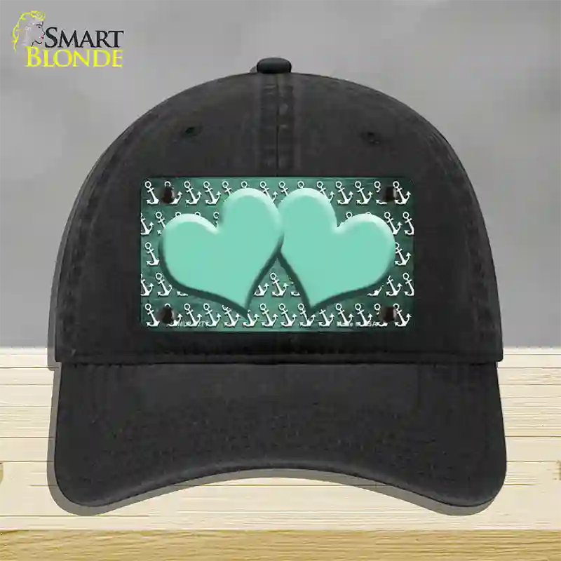 Mint White Anchor Hearts Oil Rubbed Novelty License Plate Hat Unconstructed Cotton / Black