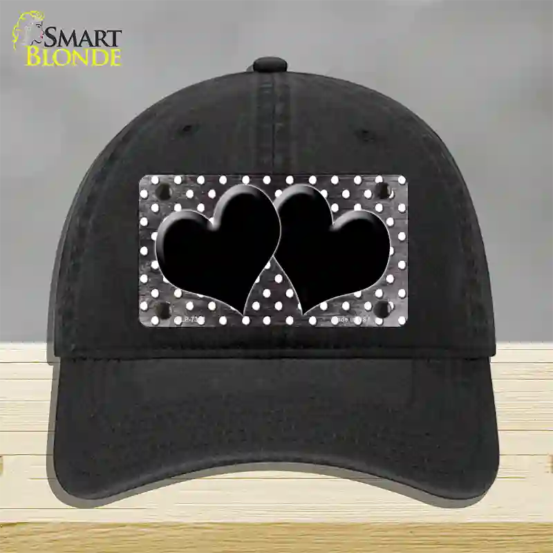 Black White Small Dots Hearts Oil Rubbed Novelty License Plate Hat Unconstructed Cotton / Black