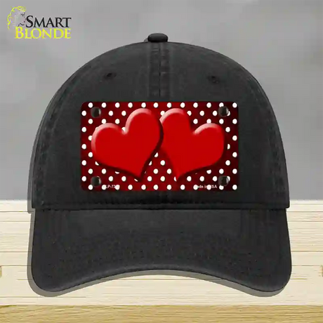 Red White Small Dots Hearts Oil Rubbed Novelty License Plate Hat Unconstructed Cotton / Black