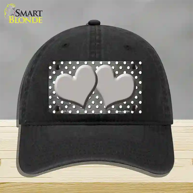 Gray White Small Dots Hearts Oil Rubbed Novelty License Plate Hat Unconstructed Cotton / Black