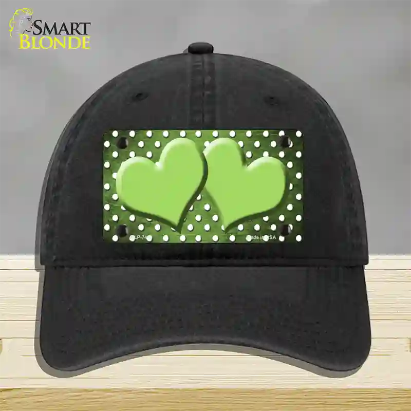 Lime Green White Small Dots Hearts Oil Rubbed Novelty License Plate Hat Unconstructed Cotton / Black