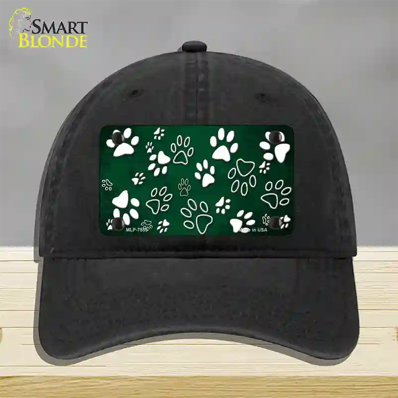 Green White Paw Oil Rubbed Novelty License Plate Hat Unconstructed Cotton / Black