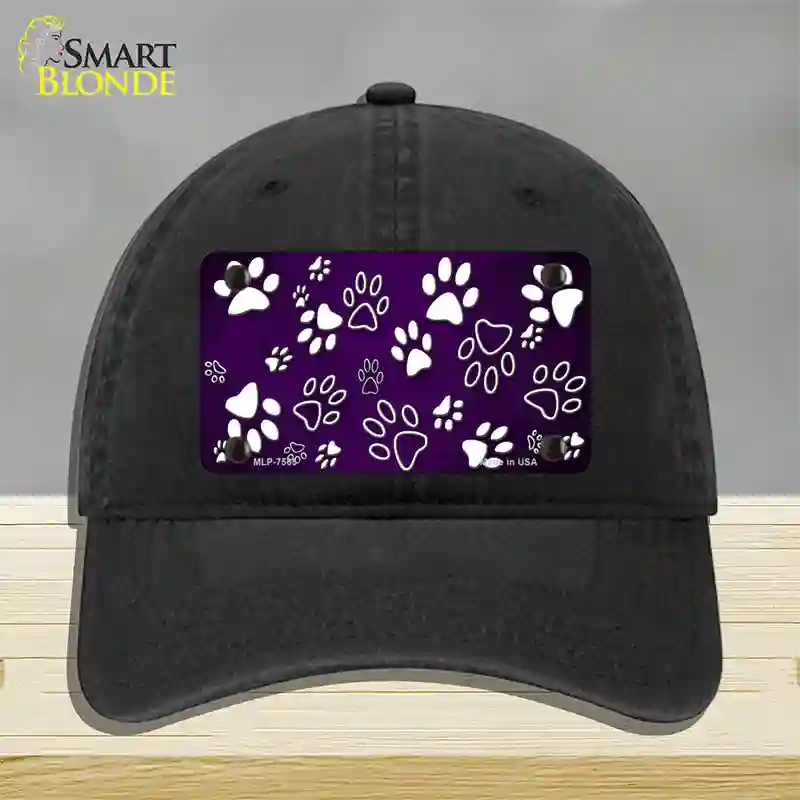 Purple White Paw Oil Rubbed Novelty License Plate Hat Unconstructed Cotton / Black