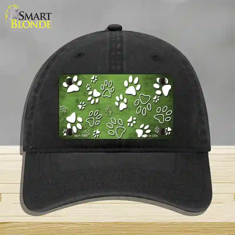 Lime Green White Paw Oil Rubbed Novelty License Plate Hat Unconstructed Cotton / Black