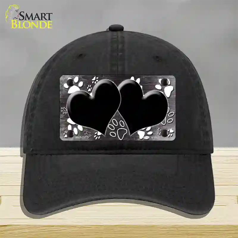 Paw Heart Black White Novelty License Plate Hat Unconstructed Cotton / Black