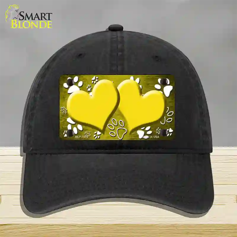 Paw Heart Yellow White Novelty License Plate Hat Unconstructed Cotton / Black