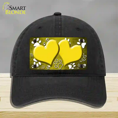 Paw Heart Yellow White Novelty License Plate Hat Unconstructed Cotton / Black