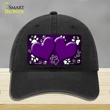 Paw Heart Purple White Novelty License Plate Hat Unconstructed Cotton / Black