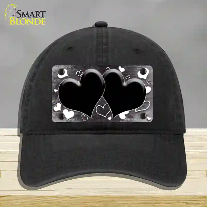 Black White Love Hearts Oil Rubbed Novelty License Plate Hat Unconstructed Cotton / Black