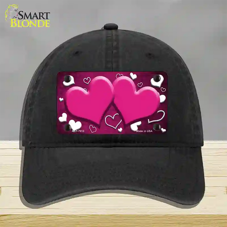 Pink White Love Hearts Oil Rubbed Novelty License Plate Hat Unconstructed Cotton / Black