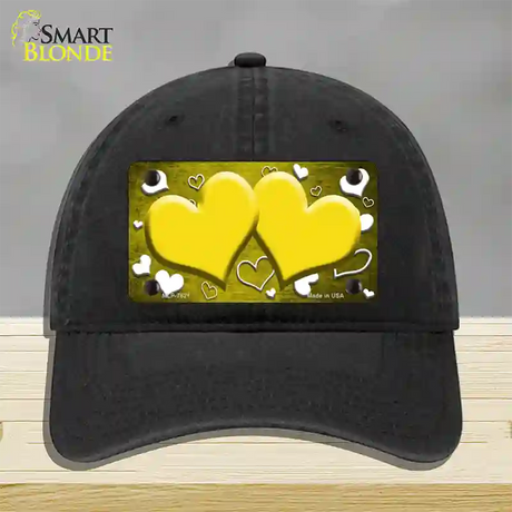 Yellow White Love Hearts Oil Rubbed Novelty License Plate Hat Unconstructed Cotton / Black