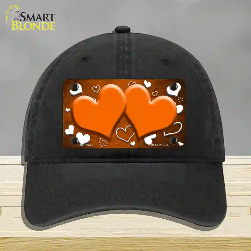 Orange White Love Hearts Oil Rubbed Novelty License Plate Hat Unconstructed Cotton / Black